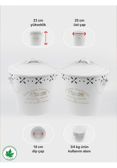 Lüx Metal Patates Soğanlık Kovası Sebze Saklama Kabı Beyaz