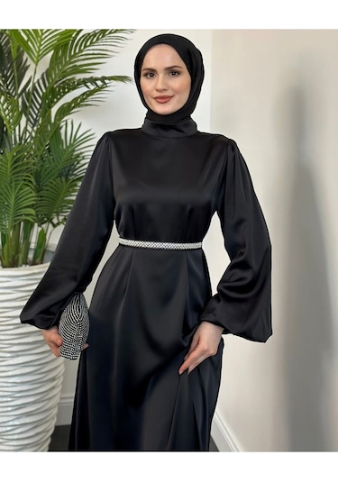 Kemer Taşlı Tesettür Abiye Siyah