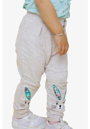 Breeze Kız Bebek Tayt Pantolon Tavşan Nakışlı 9 Ay-3 Yaş, Bej Melanj Bej Melanj