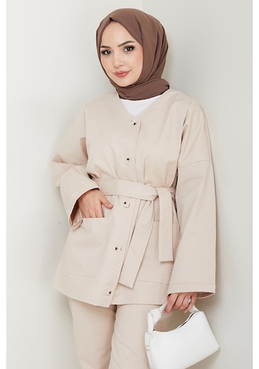 Kemerli Ceket Pantolon Gabardin Takım 1557 - Bej Bej