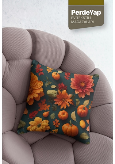 Bal Kabağı Ve Rengârenk Çiçekler Desenli 4'lü Kırlent Kılıfı
