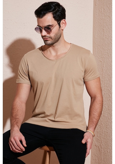 Buratti Pamuklu Slim Fit V Yaka Basic Erkek T Shirt 5412001 Vizon