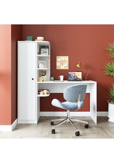 Roma Raflı Çalışma Masası , Çalışma Ofis Masası Sol Dolaplı Beyaz Mat Beyaz