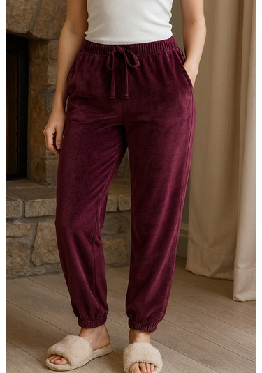 Kadın Paçası Lastikli Cep Detaylı Kadife Kumaş Tek Alt 503 Koyu Mürdüm Koyu Mürdüm