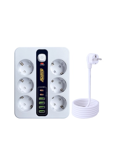 Akım Korumalı 6'lı Grup Priz 4 Usb'li Ve 2 Type-c Li 6'lı Grup Priz 2 M Kablo Çocuk Korumalı 2 M