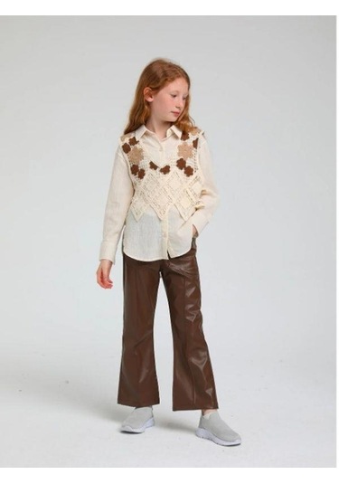 Kız Çocuk 2 Li Motifli Süveterli Tasarım Gömlek-13622 Bej