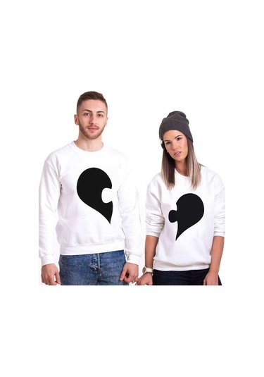 Tshirthane Kalp Puzzle Sevgili Kombinleri Unisex Sweatshirt Kırık Beyaz