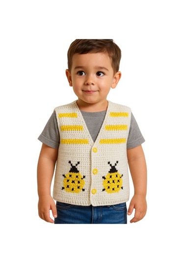 Uretti - Çiğdem 1390 2323 El Örgüsü Uğur Böceği Desenli Örgü Yelek - 1 - 3 Yaş Beyaz