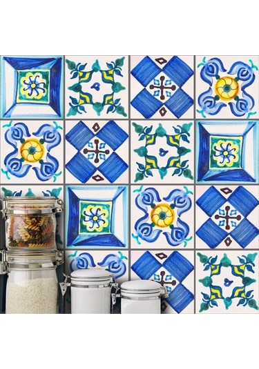 Kosona Klasik Mavi Desenli Pvc Duvar Stickerları 20x20cm 10 Adet - Kolay Uygulama, Kalıcı Ve Temiz Kaldırma Özelliği