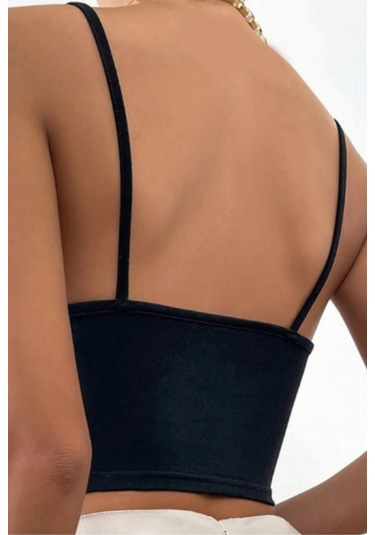 Merry See Aksesuarlı Şık Crop Büstiyer T-shirt Siyah