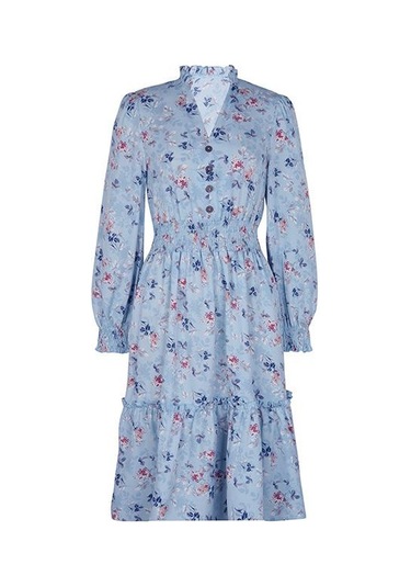 Bahar Kadın Elbise Mizaç Zarif Baskılı Uzun Kollu Çiçekli Elbise Açık Mavi