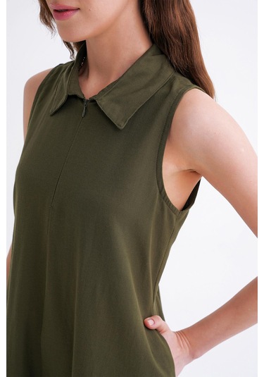 4692 Kadın Gömlek Yakalı Fermuarlı Midi Boy Oxford Elbise Haki Haki