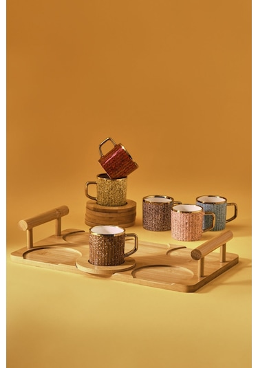 Karaca  Bambu Tepsili 6 Kişilik Renkli Kahve Fincan Takımı 90 ml