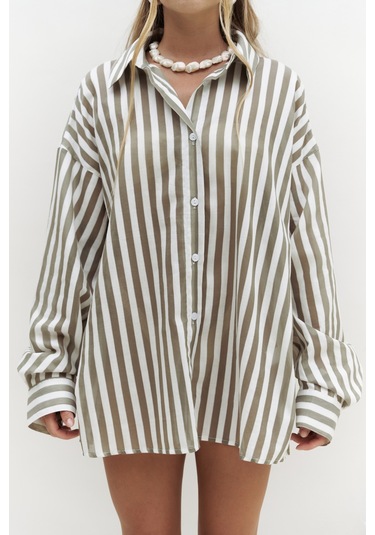 Rosy Transparan Çizgili Haki Oversize Gömlek Haki