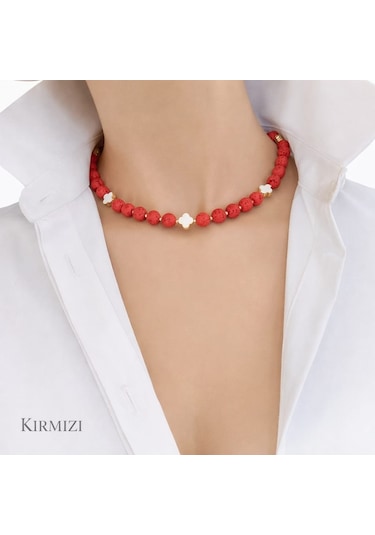 Luna Yonca Detaylı Lav Taşı Choker Doğal Taş Kolye Kırmızı