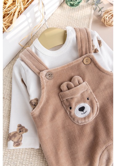 Fiğürlü Kışlık Kadife Erkek Bebek Salopet Tulum Set Kahverengi