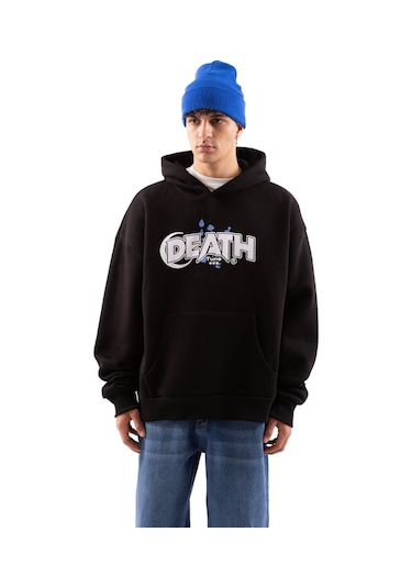 Flaw Death Baskılı Siyah Oversize Hoodie-siyah Siyah