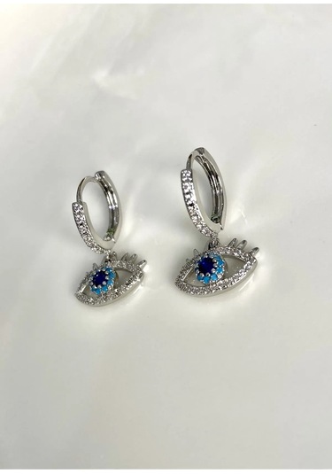 Justgaf Gümüş / Silver Renk Zirkon Taşlı Nazar Göz Detaylı Sallantılı Küpe Gümüş