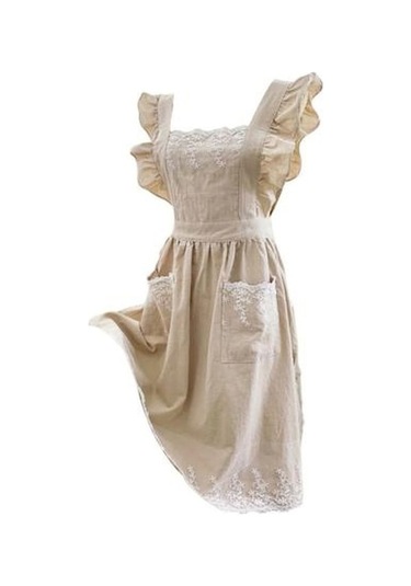 Novahub Bej Dantel Önlük Kullanışlı Kolsuz Fırfır Tasarım Tam Vücut Çiçekçi Bahçe İşi Temizlik Ev Gereçleri Bej