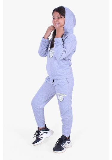 Fyk Kids Kız Çocuk Yuvarlak Yaka Baskılı Eşofman Takımı Gri Melanj