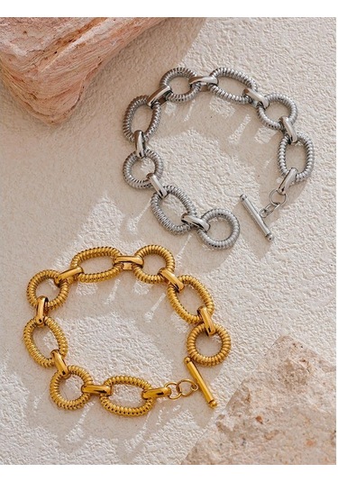 Altın Eetit 316l Paslanmaz Çelik Metal Doku Oval Zincir Bileklik Bileklik Kadınlar İçin 18 K Pvd Kaplama Geçiş-klasps Bildirimi Takı Altın