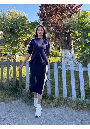 Laci %100 Pamuk Yandan Çizgili Midi Takım Lacivert