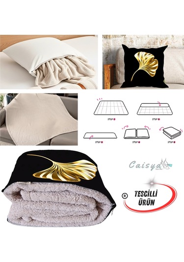 Gold Yaprak Desen Tv Battaniyeli Opsiyonel Dekoratif Yastık Kırlent 2 İn 1 Battaniye Çok Renkli