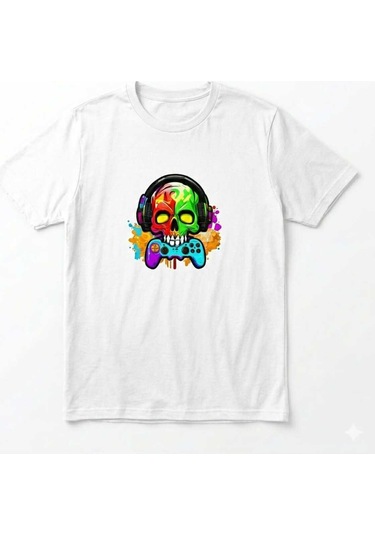 Erkek Kuru Kafa Oyun Konsolu Baskılı Pamuklu T-shirt Beyaz