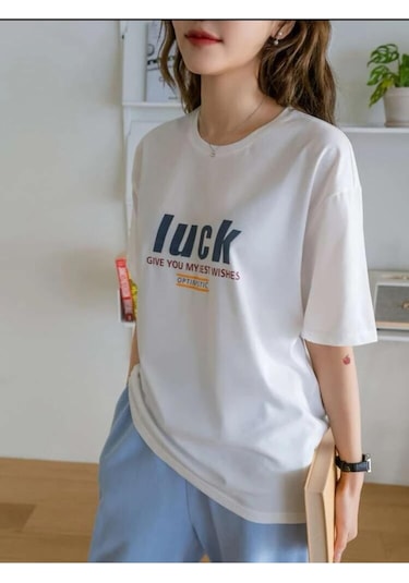 Kadın Beyaz Oversize %100 Pamuk Luck Baskılı T-shirt Beyaz