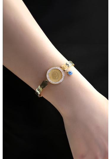 Tc. Darphane 22 Ayar Çeyrek Altınlı Çelik Kelepçe Bileklik