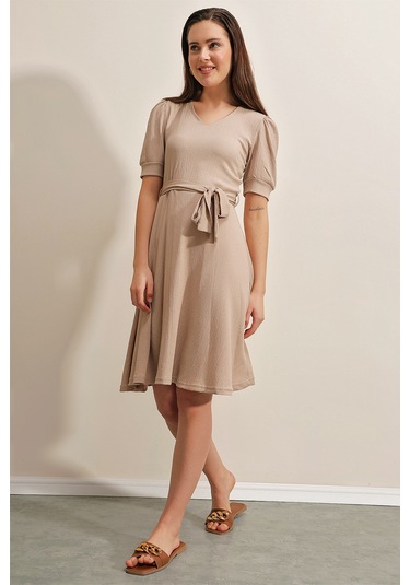 Bigdart 2370 Kuşaklı Örme Elbise - Bej