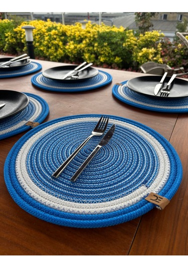 6 Lı Yuvarlak Supla Takımı Kolay Temizlenebilir, Modern Sofralar İçin Beyaz - Mavi