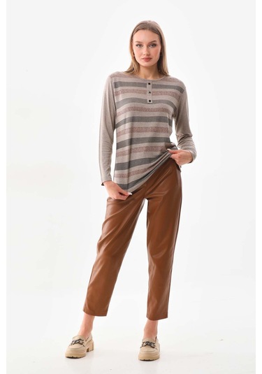 Sistas Kadın Desenli Bisiklet Yaka Uzun Kol Bluz 23596 Keten