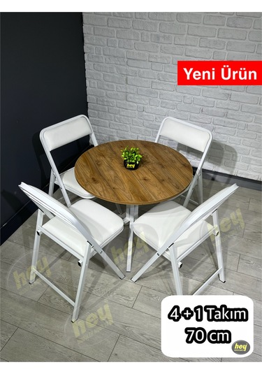 Pars 4 Kişilik Yuvarlak Mutfak Yemek Masası Takımı 4+1 Ceviz Beyaz Deri 70 Cm Ceviz-beyaz