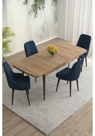 Meri Serisi 80x132 Açılabilir Mdf Meşe Masa Takımı 4 Lacivert Sandalye Kahve Ayak Lacivert