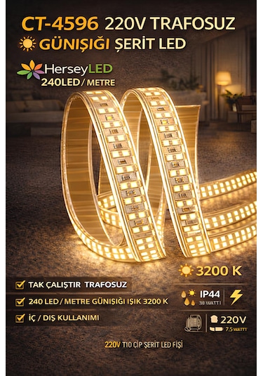 220v Trafosuz Yapışkanlı Dış Mekan Şerit Led Günışığı 3 M / 5 M 5 Metre Günışığı