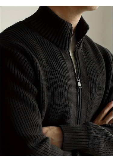 Tarz Cool Erkek Dik Yaka Fermuarlı Slim Fit Triko Hırka Taş