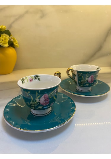 Vanilla New Bone China Kahve Fincanı 2 Kişilik Koyu Yeşil