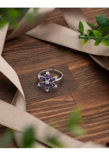 925 Ayar Ametist Taşlı Rodyum Lotus Çiçeği Ayarlanabilir Gümüş Yüzük Rr10024 Gümüş