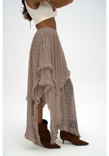 Mireya Asimetrik Vizon Dantel Etek Vizon