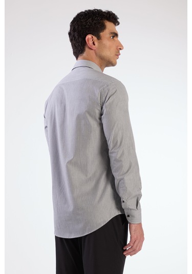 Siyah Çizgili Desen Uzun Kol Regular Fit Erkek Gömlek Siyah