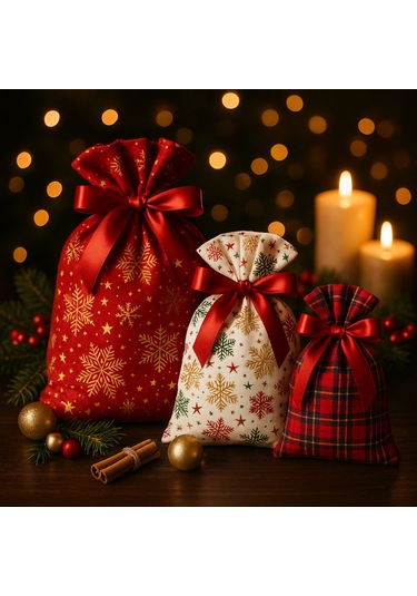 Yılbaşı Temalı Kumaş Hediye Kesesi 3 Lü Set Kırmızı, Ekoseli Ve Kar Tanesi Desenli 12 17 17 25 25 35cm 3'lü Set
