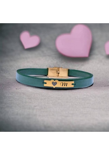 Archin M Harfine Özel 14 Ayar Altın Plakalı Kalp Figürlü Hakiki Yeşil Derili Hediye Bileklik-573harf M