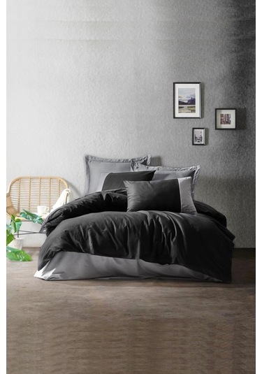 Plain Siyah Gri Çift Kişilik Nevresim Takımı - %100 Pamuk Ranforce 30/1 57 Tel Siyah