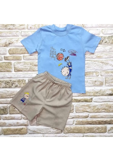1-2-3 Yaş Topçu Erkek Çocuk Baskılı Şortlu Kısa Kollu Tişört 2li Erkek Bebek Takımı Mavi Mavi