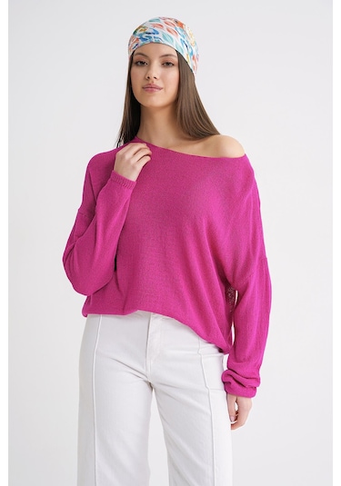 6933 Kadın Kayık Yaka İnce Mevsimlik Triko Kazak Fuşya Fuşya