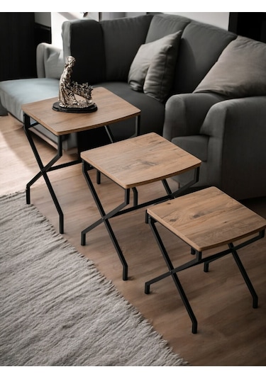 3 Lü Zigon Sehpa Metal Ayaklı Çam Ahşap Kare Misafir Sehpası