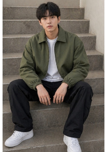Tarz Cool Erkek Oversize Bomber Ceket Fermuarlı Basic Günlük Şık Mont Haki