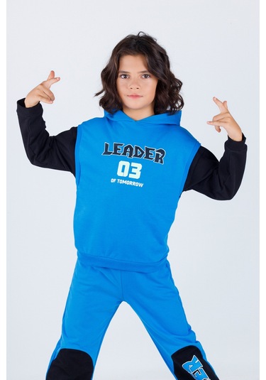 Erkek Çocuk Leader Baskılı Örme Basic Eşofman Takımı Mavi