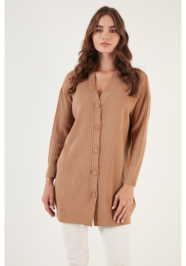Lela V Yaka Düğmeli Uzun Triko Bayan Hırka 4616040Y Camel